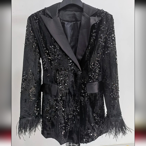 LUXURY SEQUIN SATIN VELVET FEATHER BUTTON CUFF BLAZER - Picture 7 of 9